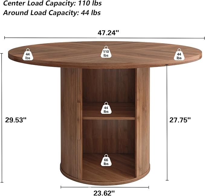 weselon 47 inch Round Dining Table for 4, Kitchen Table Dinner Table with 2-Layer Storage Shelf and Wood Slide Door for Home Dining Room Living Room (Walnut)
