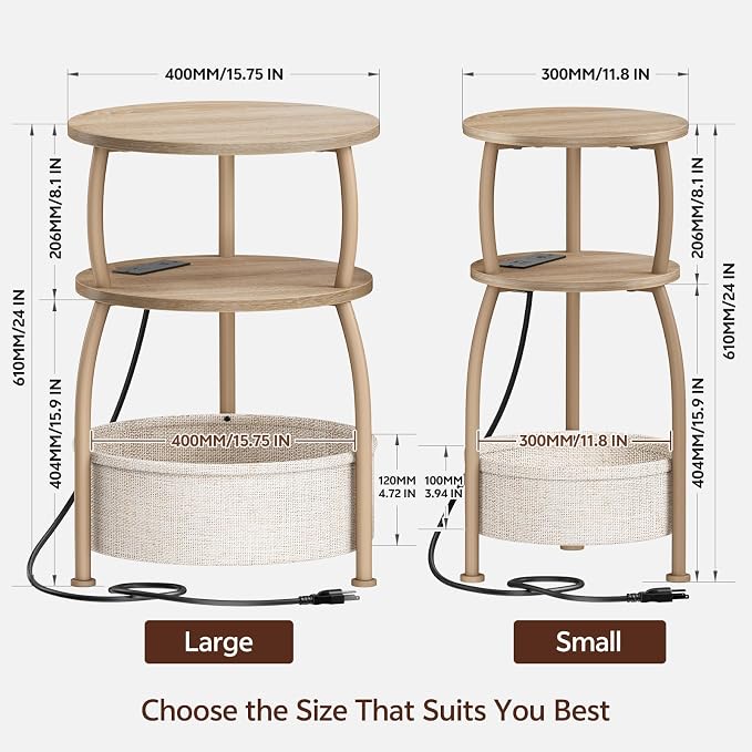 Round Side Table with Charging Station, USB Type C Port, Oak | End Table with Power Outlet,15.75 in Small Round Table with Basket, Space Saving, 3-Tier Small Table for Bedside, Sofa