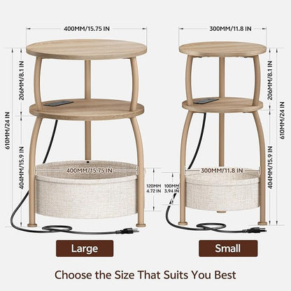 Round Side Table with Charging Station, USB Type C Port, Oak | End Table with Power Outlet,15.75 in Small Round Table with Basket, Space Saving, 3-Tier Small Table for Bedside, Sofa