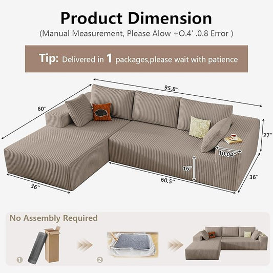 95" Cloud Sectional Couch with L-Shape Chaise, Modular Comfy Sofa Chaise Longue, Upholstered Corduroy Couches Sleeper with Deep Seat for Living Room Bedroom, No Assembly Required(Camel, Left Facing)