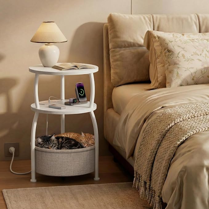 Round Side Table with Charging Station, USB Type C Port, White | Small Table with Storage Basket,Tall Side Table for Sofa,Small Spaces, Nightstand for Living Room Bedroom, 15.75in