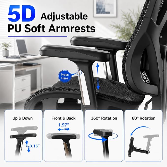 Ergonomic Office Chair, Full Mesh Desk Chair with 5D Armrests, Adjustable Lumbar Support and Headrest, 135° Stepless Reclining Backrest, Home Office Computer Chair