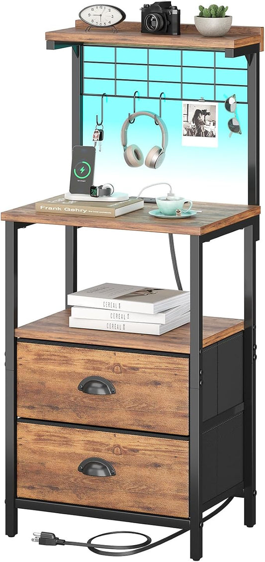 sthmec Tall Nightstands with Charging Station, LED Night Stand Bedsides with 2 Drawers Fabric, Hooks,USB Port and Open Storage Shelves,Tall End Table Bedside for Bedroom,Office, Rustic Brown