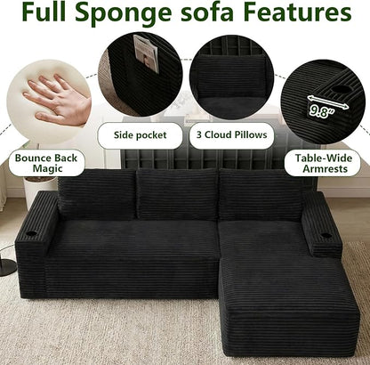 104.3" Modular Sectional Sofa,Modern Corduroy Cloud Couch with Cup Holder & Side Pockets,Boneless Couch Upholstered 4-Seater L-Shaped Sofa for Living Room,No Assembly (Black, Right-Facing Chaise) | with Cup Holder