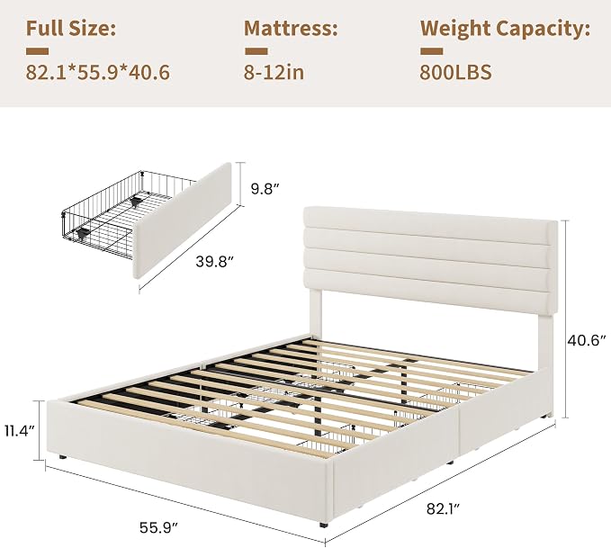 Garvee Full Size Bed Frame, Velvet Upholstered Platform Storage Bed with 4 Drawers, Wooden Slats Support, No Box Spring Needed, Easy Assembly, Beige