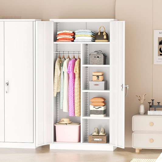 Greenvelly Metal Wardrobe Cabinet with Locking Doors, 72"H White Metal Wardrobe Closet with Hanging Rods and Adjustable Shelves, Clothing Storage Closet for Home, Office, Employee, Gym (16" D x 32" W)