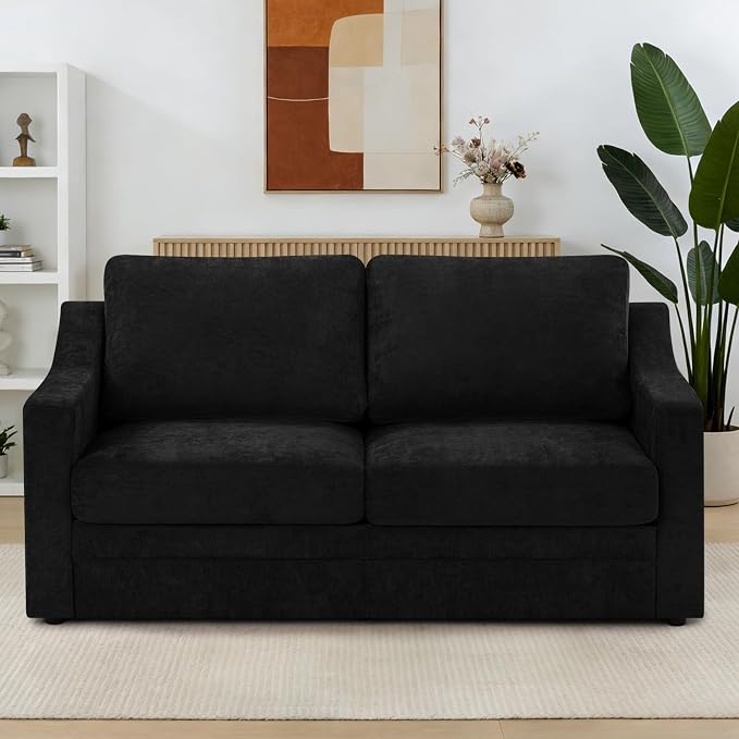 67” Chenille Loveseat Sofa w/Comfortable Back Cushions, Black | Modern 2-Seat Couch w/Deep Seat Space, Upholstered 2 Seaters Sofa w/High Resiliency Foam for Living Room