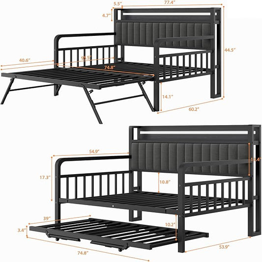 Daybed with Trundle and LED Light, Heavy Duty Metal Full Bed Frame with Upholstered Storage Headboard & Charging Station, Day Bed Pop Up Trundle Bed for Living Room,Bedroom and Guest Room, Black