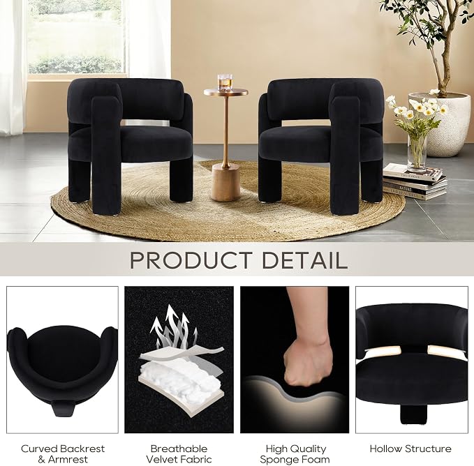 COLAMY Modern Accent Chair, Velvet Accent Chairs, Upholstered Barrel Chairs with Solid Wood Legs, Comfy Side Chair for Living Room, Bedroom, Reading, Cozy Reading Chair,Black