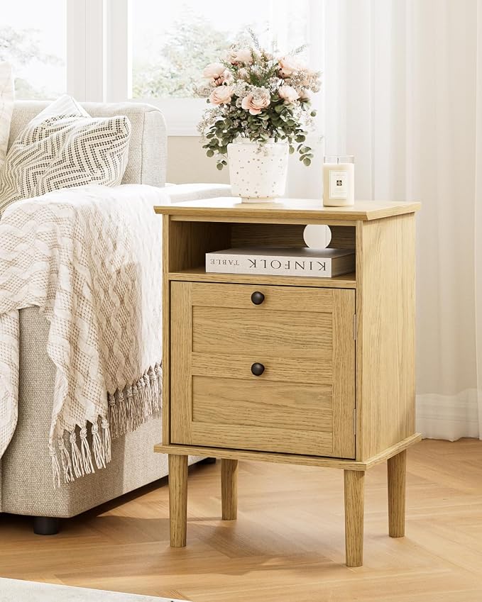 Nightstand, Boho Night Stand with 1 Drawers, Modern Side Accent Table with Open Shelf, Wooden Top Bedside End Table for Bedroom, Living Room, Yellow Oak