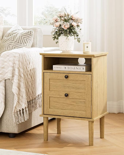 Nightstand, Boho Night Stand with 1 Drawers, Modern Side Accent Table with Open Shelf, Wooden Top Bedside End Table for Bedroom, Living Room, Yellow Oak
