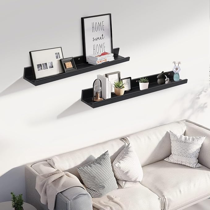 Muzilife 35.4" Large Floating Wall Ledge Shelves with Lip - Set of 2 Wood Floating Shelves - Black Wall Mounted Picture Ledge for Office, Bathroom, Bedroom, Living Room, Kitchen
