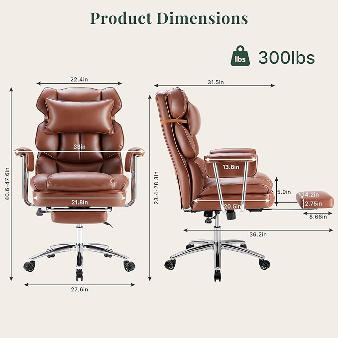 Executive Ergonomic Office Chair, PU Leather High Back Reclining Office Chair with Footrest and Lumbar Support, Height Adjustable Rolling Swivel Computer Chair for Home Office,Brown