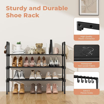 LANTEFUL 3 Tier Shoe Rack for Closet, Shoe Organizer with 5 Hooks, Long Shoe Shelf Storage for Sneaker and Boot Stackable Free Standing Shoe Rack for Entryway, Garage, Small Spaces, Dorm (Pack of 2)