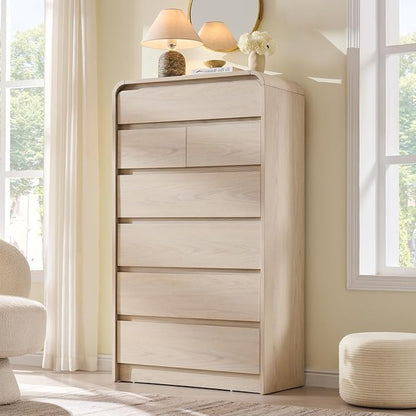 Aitjunz Modern 7 Drawers Dresser for Bedroom, 55" Tall Dressers, Cream | Wooden Dressers & Chest of Drawers w/Curved Profile Design, Mid Century Vertical Storage Dressers Organizer for Bedroom