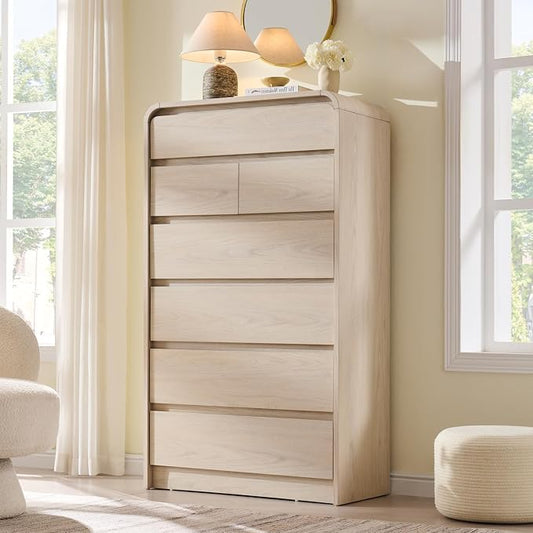Aitjunz Modern 7 Drawers Dresser for Bedroom, 55" Tall Dressers, Cream | Wooden Dressers & Chest of Drawers w/Curved Profile Design, Mid Century Vertical Storage Dressers Organizer for Bedroom