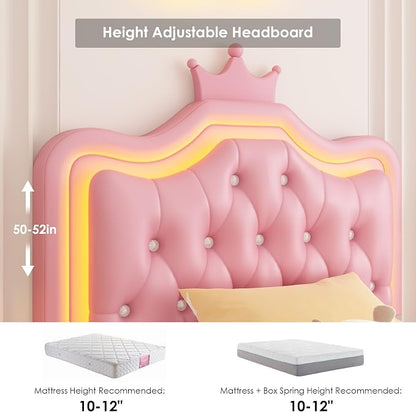 Keyluv Twin Upholstered LED Bed Frame with Storage Drawer, Leather Princess Platform Bed with Adjustable Crystal Button Tufted Crown Headboard, Solid Wooden Slats Support, No Box Spring Needed, Pink