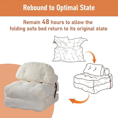 Folding Sofa Bed, Convertible Chair Bed with Back Support and Pillow Futon,Foldable Boneless Chair for Living Room/Guest Use/Home Office, Foldable Couch for Adults, Beige