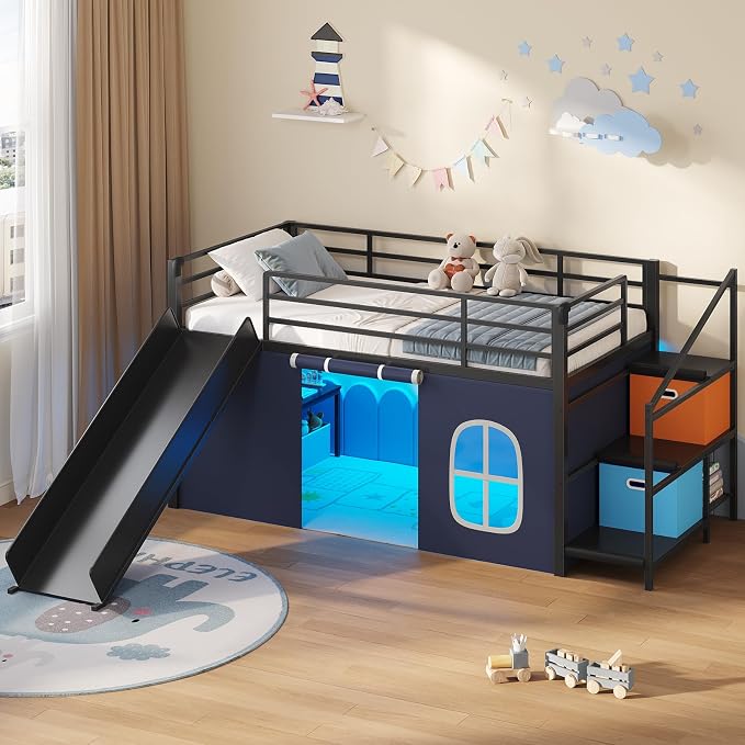 DICTAC Low Loft Bed with Slide,Storage Stairway and Led Lights Metal Twin Size Loft Bed with Under-Bed Play Space,Art Table & Play Curtain Twin Beds with 2 Drawers and 13.8''H Safety Guardrail,Black