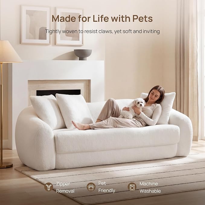 SICOTAS 90.6" Curved Convertible Sofa Couch Bed for Living Room Futon Cloud Boneless Sleeper Sofa Pull Out Floor Couch with Deep Seat Modern 3 Seater Foam Bed No Assembly for Bedroom Apartment, White