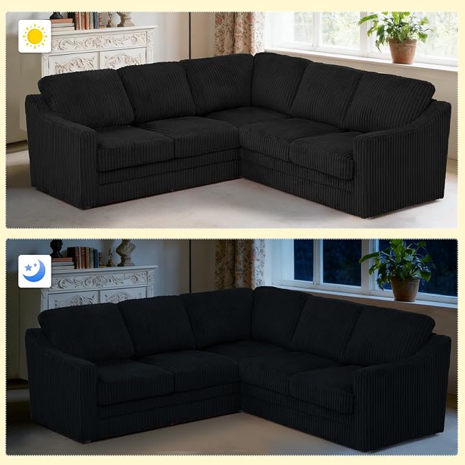 89 Inches Corduroy Sectional Sofa with High Density Sponge, Modern 5 Seats Corner Couch with Deep Seat, Comfy Modular L Shaped Couch with Comfortable Back Cushions for Living Room, Black