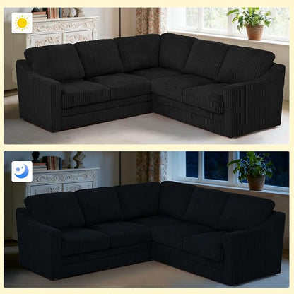 89 Inches Corduroy Sectional Sofa with High Density Sponge, Modern 5 Seats Corner Couch with Deep Seat, Comfy Modular L Shaped Couch with Comfortable Back Cushions for Living Room, Black