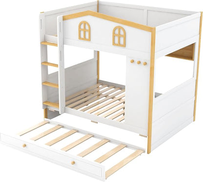Bellemave Bunk beds Full Over Full with Twin Size Trundle, Low bunk Bed for Kids Adults and Teenagers，White