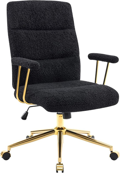 Techni Mobili Boucle Office Chair, Adjustable Desk Chair, Black & Gold | Black boucle office chair, gold base, padded seat, height adjustable, modern desk chair, textured fabric, swivel, ergonomic