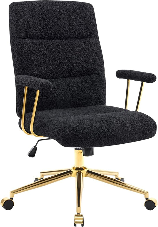 Techni Mobili Boucle Office Chair, Adjustable Desk Chair, Black & Gold | Black boucle office chair, gold base, padded seat, height adjustable, modern desk chair, textured fabric, swivel, ergonomic