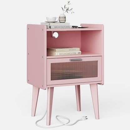 MMEOLUOOK Nightstand with Charging Station, Bedside Tables Pink End Table Side Table with 2 Tiers Storage Space, for Bedroom Living Room MLBZ07PE