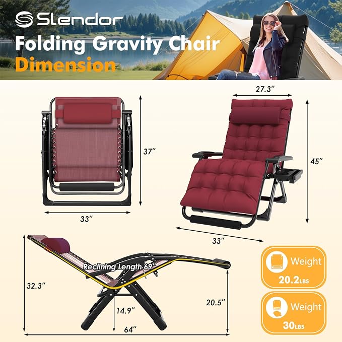 Slendor Oversized Zero Gravity Chairs XXL, 33IN Padded Zero Gravity Lounge Chair, Folding Reclining Patio Chair Lawn Recliner w/Aluminum Alloy Lock, Headrest, Cup Holder, Support 500lbs, Wine Red