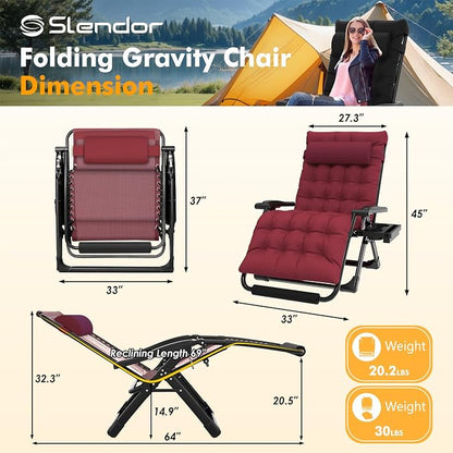 Slendor Oversized Zero Gravity Chairs XXL, 33IN Padded Zero Gravity Lounge Chair, Folding Reclining Patio Chair Lawn Recliner w/Aluminum Alloy Lock, Headrest, Cup Holder, Support 500lbs, Wine Red