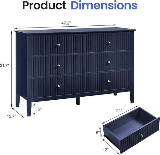 RoyalCraft 6 Drawer Dresser, Fluted Modern Wood Chest of Drawers, Long Dresser for Bedroom TV Stand Storage Cabinet for Living Room, Blue