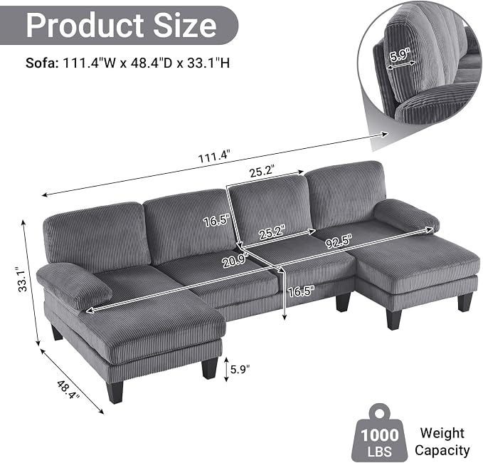 VINGLI 110" Sectional Couches for Living Room,U Shaped Couch with Double Chaise, 4-Seat Sofa Set with Corduroy Fabric for Home Furniture,Grey