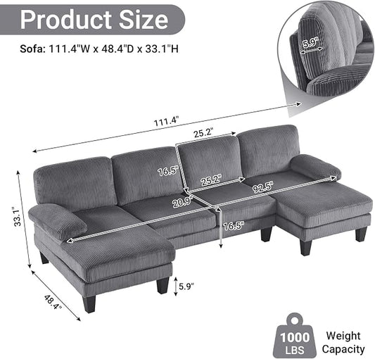 VINGLI 110" Sectional Couches for Living Room,U Shaped Couch with Double Chaise, 4-Seat Sofa Set with Corduroy Fabric for Home Furniture,Grey