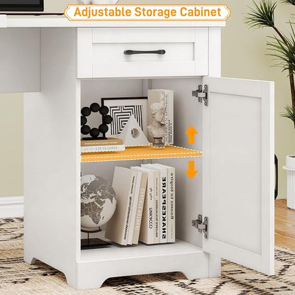 Halitaa 59" L Shaped Executive Desk, Farmhouse Home Office Desk with File Drawer,Storage Cabinet, Wood Corner Sturdy Writing Workstation.Cream White