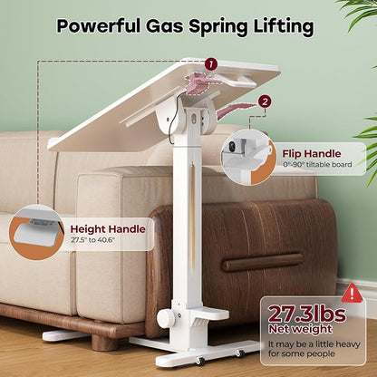 Foldable Mobile Standing Desk, 27 Inch Small Rolling Laptop Cart Height Adjustment, 90° Tiltable Bedside Table, No Assembly Needed Portable Computer Workstation, White