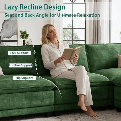 Modern L Shaped Sofa Couches for Living Room, Modular Sectional Cloud Couch with Movable Ottoman, Comfy Chenille Sofa for Apartment and Small Space, Green