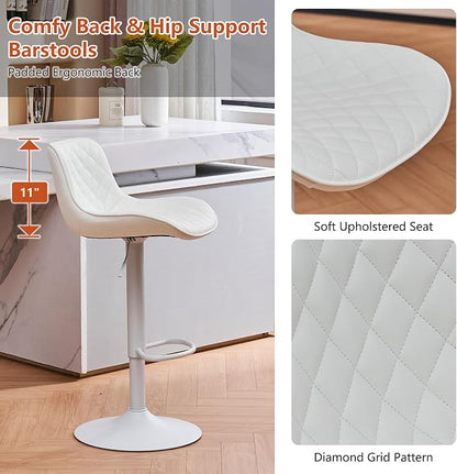 YOUTASTE All White Bar Stools Set of 2, Upholstered Counter Height Bar Stool, Adjustable Swivel Faux Leather Barstools, with Padded Back, Metal Base, Kitchen Chairs for Home Island
