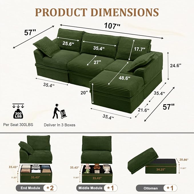 Upgrade Boneless Couch with Storage, Extra Deep&High Seat Modular Sectional Sofa 3 Seater L Shaped Cloud Couch with Ottoman, Tool-Free Assembly Sectional Couches for Living Room, Green