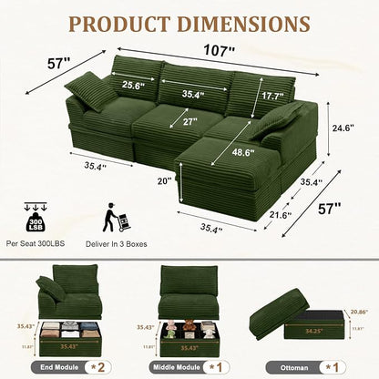 Upgrade Boneless Couch with Storage, Extra Deep&High Seat Modular Sectional Sofa 3 Seater L Shaped Cloud Couch with Ottoman, Tool-Free Assembly Sectional Couches for Living Room, Green