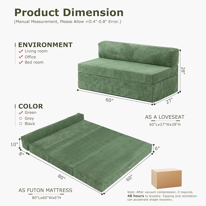 5-in-1 Convertible Sofa Bed, Boneless Couch Loveseat with Removable Cushions & Washable Cover, Futon Sofa Bed with Handle, Pull Out Couch for Small Spaces, Queen Size, Green