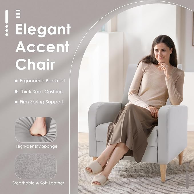 COLAMY Mid-Century Modern Accent Chairs Set of 2, Faux Leather Upholstered Living Room Chairs with Back Pillow & Solid Wood Legs, Comfy Armchair for Living Room, Bedroom, Single Sofa, Light Grey