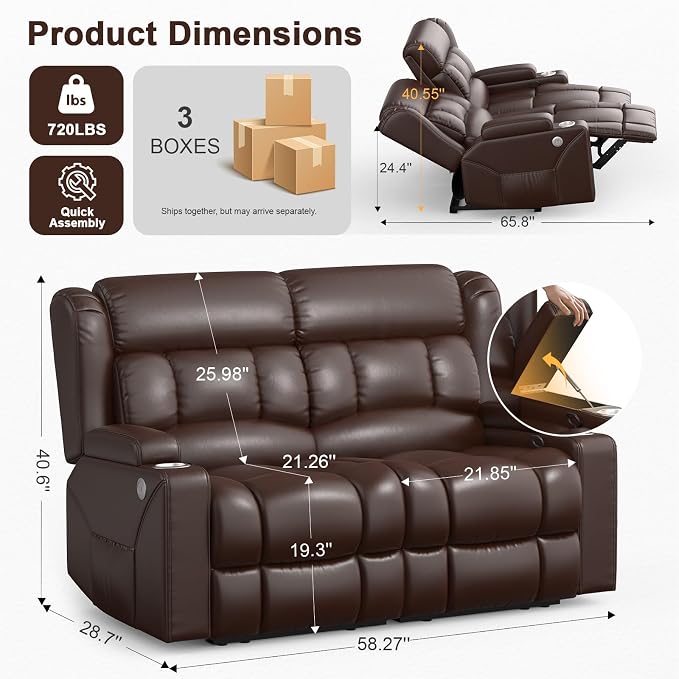 RV Loveseat Recliner Sofa, PU Leather RV Reclining Loveseat with USB Charge Ports, Cup Holders, 2 Seater Manual Pull Tab Recliner Sofa Couches for Living Room/RV, Brown