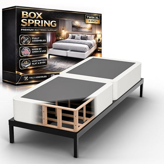 Box Spring Bed Base Twin XL Size, 8-Inch Wood Mattress Foundation – Amish Made in USA – Quiet Noise Free, Under Mattress-Support BoxSpring, Fully Assembled, White