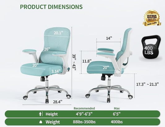 Office Chair - Ergonomic Desk Chair with Adjustable Lumbar Support, Mesh Computer Chair, Executive Office Chairs for Adults, Wide Seat Office Chair Back Support for Tall Men (Blue)