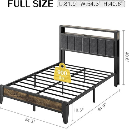 OLEVS Full Size Bed Frame with Charging Station & LED Light, 2-Tier Storage Headboard & Footboard, Type C & USB Ports Metal Platform Bed, No Box Spring Needed, Easy Assembly