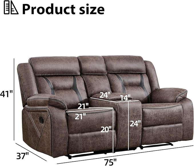 EBELLO Faux Leather Manual Loveseat Recliner, 2 Seat Reclining Sofa Chair with Center Console, Hidden Storage and Cup Holders, Daul Recliner for Living Room, Meeting Room, Grey (Loveseat)