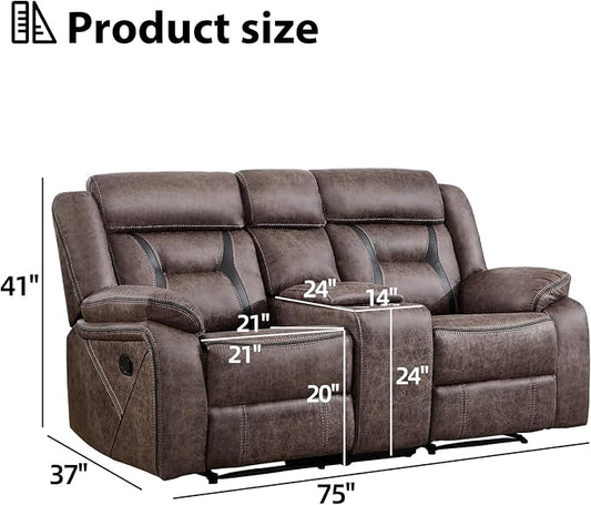 EBELLO Faux Leather Manual Loveseat Recliner, 2 Seat Reclining Sofa Chair with Center Console, Hidden Storage and Cup Holders, Daul Recliner for Living Room, Meeting Room, Grey (Loveseat)