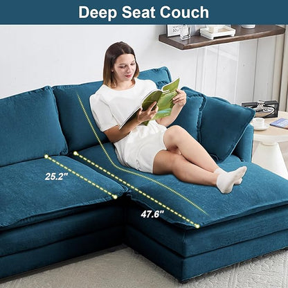 111.5" Modular Sectional Sofa, Large L Shaped Sectionals Cloud Couch, Big Comfy 3-Seat Couch with Ottoman, 4 Seater Chenille Sectional Sofa with Deep Seat and 5 Pillows for Living Room- Blue